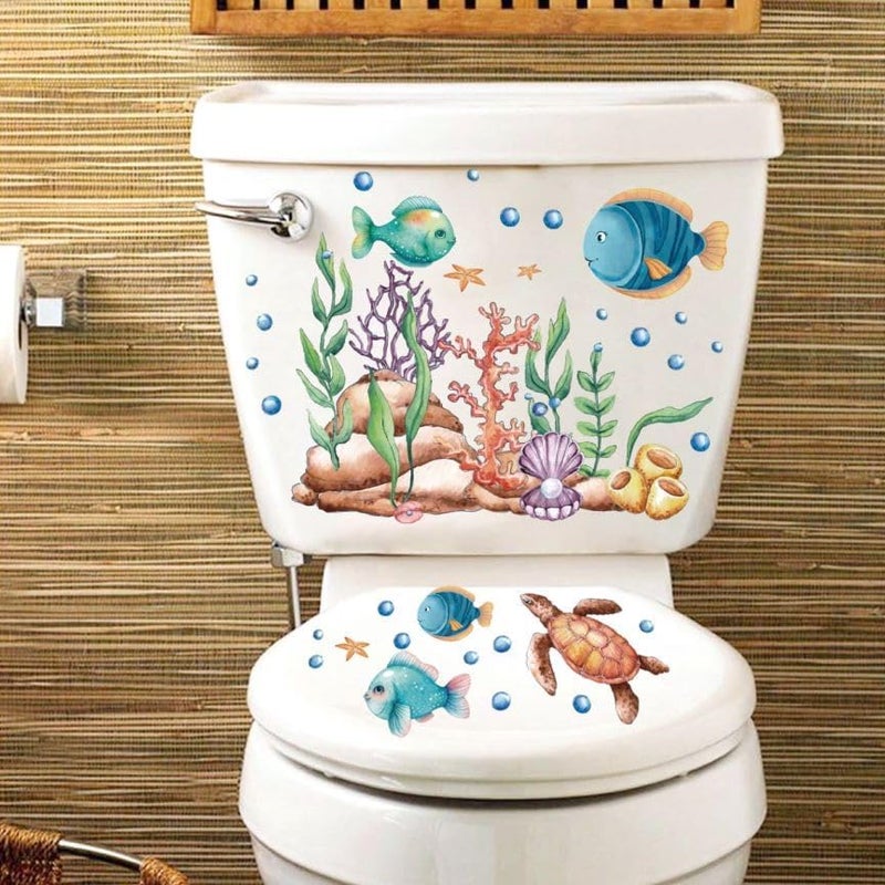 ARPOVIST 3PCS Cartoon Ocean Animals Toilet Seat Lid Stickers, Self-Adhesive Coral Dolphins Turtle Toilet Seat Decals,Under The Sea Toilets Stickers for Bathroom Restroom Decor - Image 1